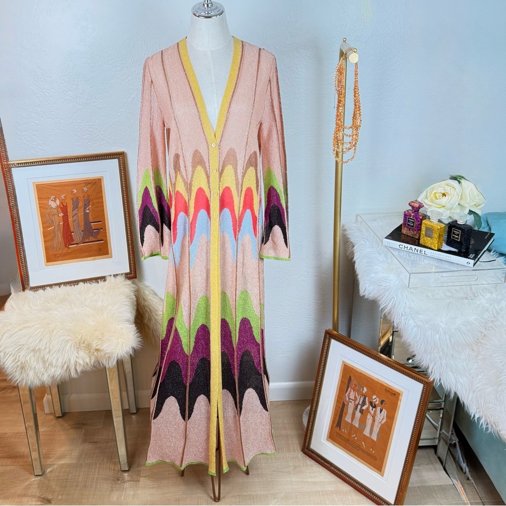 M Missoni Metallic Knit Maxi Duster Cardigan Multicolor Zig Zag IT 44 US 10